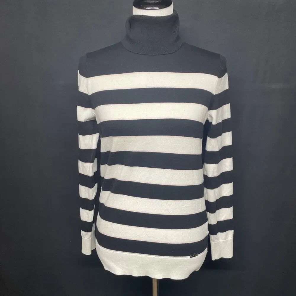 Tommy Hilfiger Women M Stripe Turtleneck Sweater Black White Classic READ Preppy